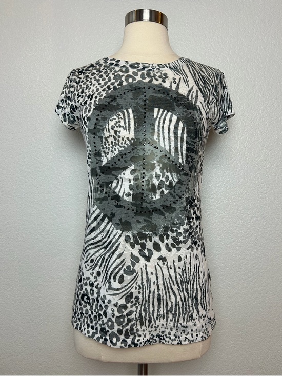 Cache Tops - Cache Burn Out Tee Top Women's M Stretch White Black Peace Sign Animal Print